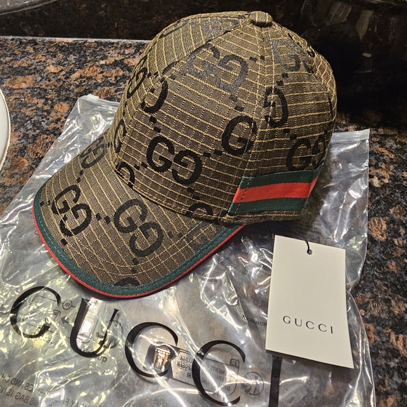 Gucci GG Monogram Baseball Cap in Brown with Red & Green Stripe